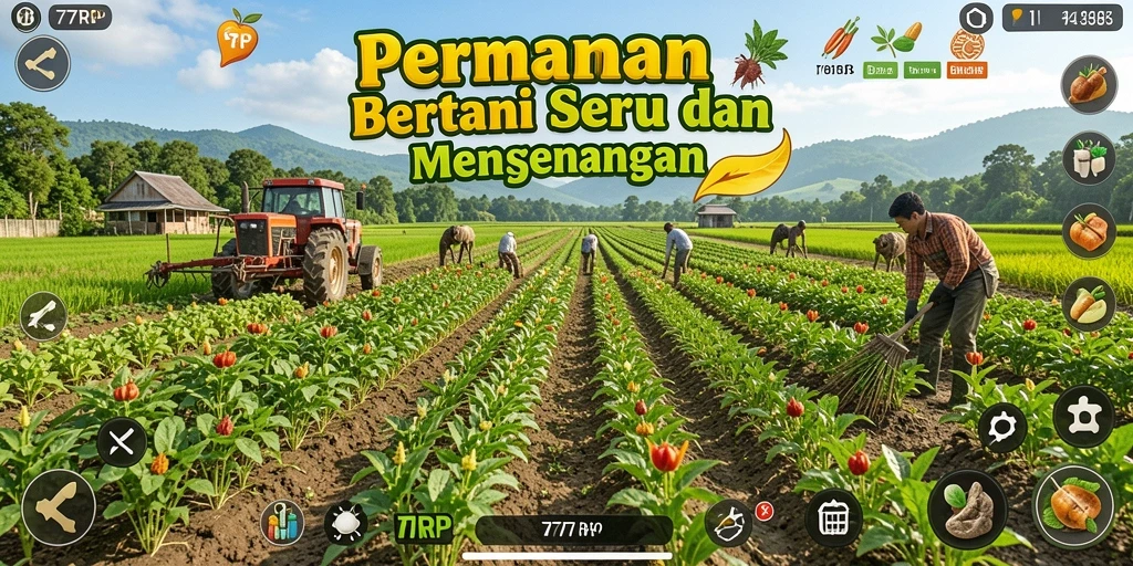 Screenshot gameplay 77RP menampilkan ladang yang subur dan aktif.