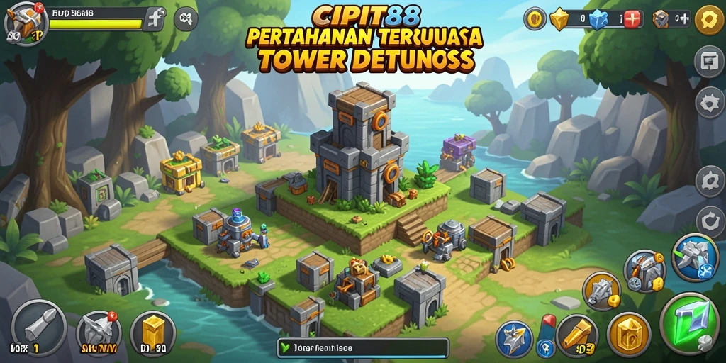 Screenshot gameplay Tower Defense menampilkan aksi menara yang intens.