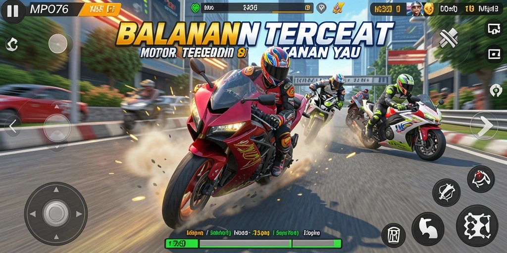 Gameplay seru dengan berbagai motor balap dan lintasan menantang.