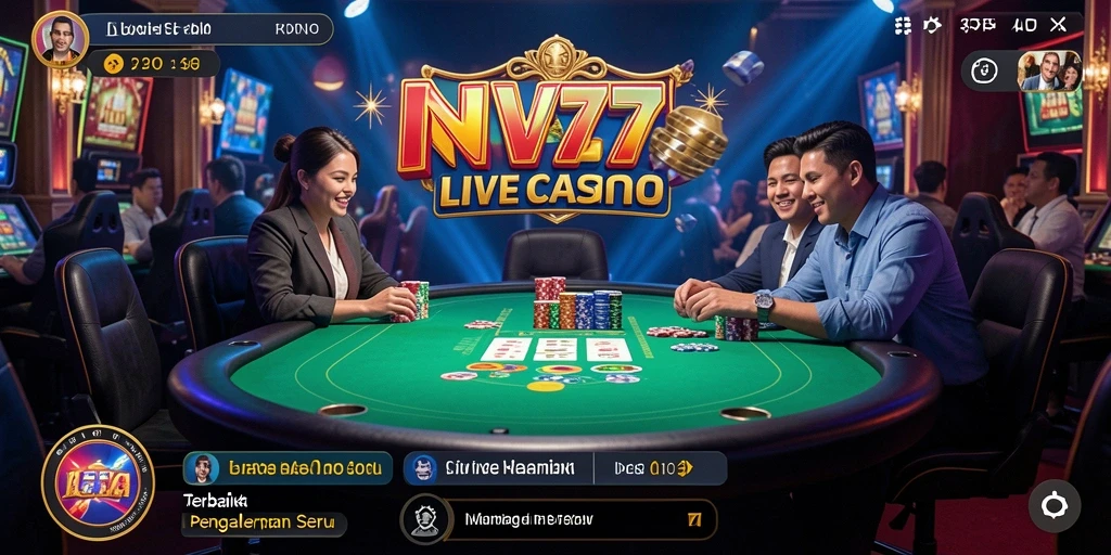 Screenshot NV77 menampilkan dealer live dan atmosfer kasino yang menggembirakan.