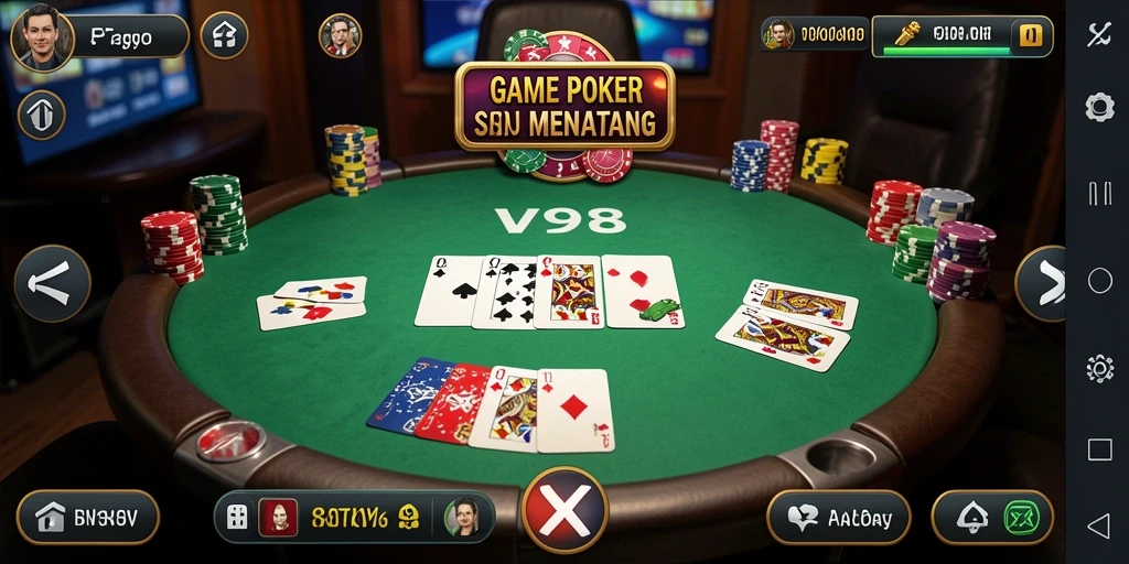 Screenshot V98 menampilkan pertandingan Poker yang seru dan menegangkan.