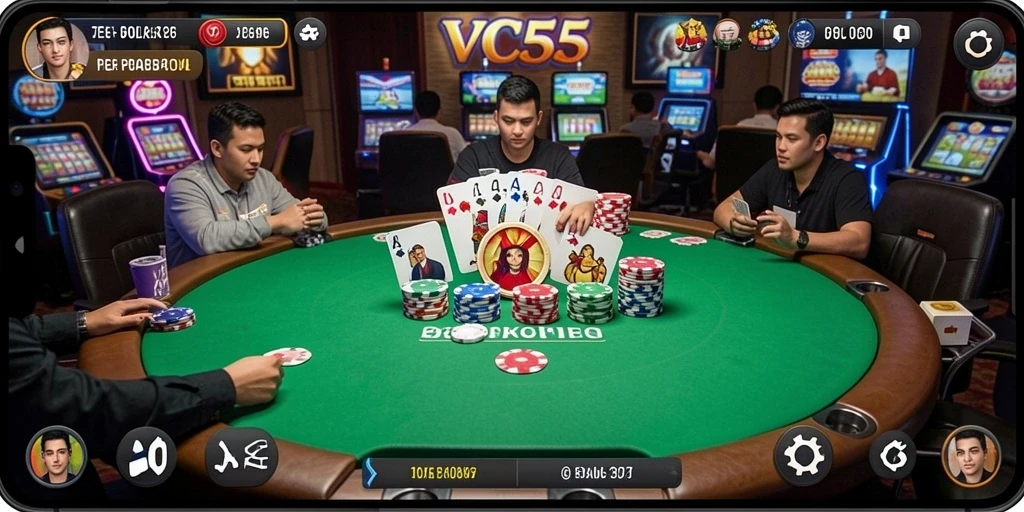 Tampilan gameplay VC55 yang seru dan mendebarkan saat bermain poker.